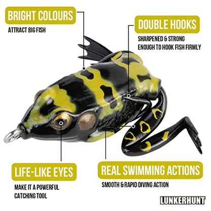 LUNKERHUNT Frog Lure for Bass Fishing | Pocket Frog Fishing Lure 1.75 Inch | Topwater Fishing Lures, Soft Hollow Body, Weedless Hooks for Trout, Pike in Saltwater and Fresh Water - style: Poison Style