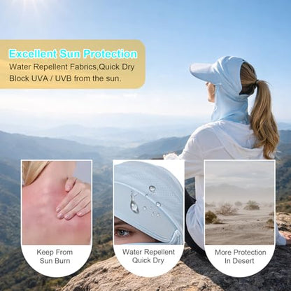 Women Wide Brim Face Mask Sun Hat Detachable Neck Face Flap Ponytail UV Protection Visor Hat Garden Fishing Hiking - color: Bg8094-lightblue