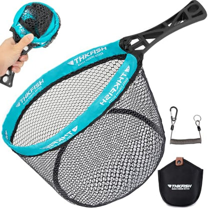 THKFISH Fly Fishing Landing Net, Foldable Landing Trout Net with ABS Handle,Rubber Coated Mesh Trout Net with Tackle Bag for Trout Bass Catch and Release, Portable Fly Fishing Gear,M/L - size: L-BLUE