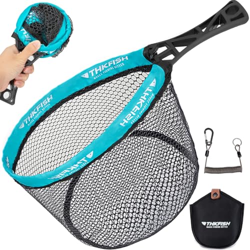 THKFISH Fly Fishing Landing Net, Foldable Landing Trout Net with ABS Handle,Rubber Coated Mesh Trout Net with Tackle Bag for Trout Bass Catch and Release, Portable Fly Fishing Gear,M/L - size: M-BIUE