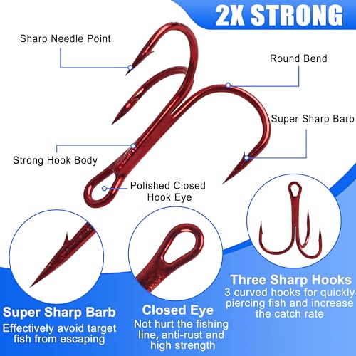 Fishing Treble Hooks Kit, Sharp Replacement Treble Hooks for Lures Baits, High Carbon Steel Fishing Hooks with Stainless Steel Split Rings Set for Bass Trout Walleye Pike - color: Red_180pcs