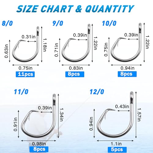 Circle Hooks Saltwater, 40pcs Stainless Steel in-line Straight Eye Tuna Circle Hook Extra Strong Wire Short Shank Fishing Hooks for Tuna Bass Catfish