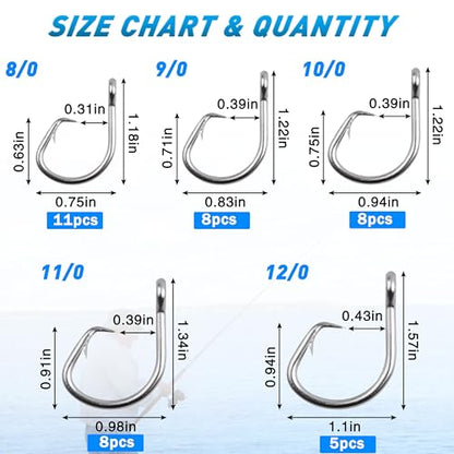 Circle Hooks Saltwater, 40pcs Stainless Steel in-line Straight Eye Tuna Circle Hook Extra Strong Wire Short Shank Fishing Hooks for Tuna Bass Catfish