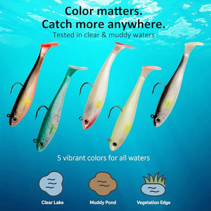 Paddle Tail Swimbait Fishing Lures for Bass Fishing | 5/6/15 Pcs Soft Plastic Lures With Paddle Tail, Pre-Rigged Jig Hook Options for Walleye, Pike & Trout Fishing - color: 5Pcs Pre-Rigged Paddle Tails