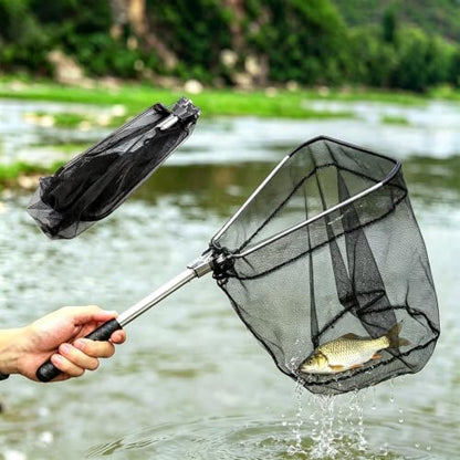 New Model Fishing Net, Foldable Landing Net with Deep Mesh Basket, Portable Fish Landing Net - color: Black