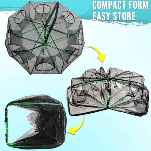 Fishing Bait Trap Crab Trap Minnow Traps, Foldable Net for Blue Crabs Lobster Shrimp Crawfish with Rope and Crabbing Equipment - color: Black-2 Pack, size: 8 Holes-25.5" x 9.4"