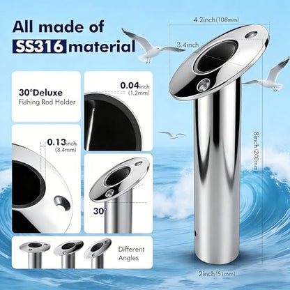 2 Pack Fishing Rod Holders for Boat, 316 Stainless Steel, 3 Angles (15°/30°/90°) Flush Mount, Heavy Duty Saltwater Corrosion Resistant with Thickened Nylon Nesting & Stopper Pin - style: 30 Degree