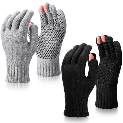 Geyoga 2 Pairs Wool Fingerless Fishing Gloves for Men Women Anti-Slip with Grip Dots Warm Winter Fly Ice Fishing Gloves - color: Black and Gray, style: 3 Cut Fingers