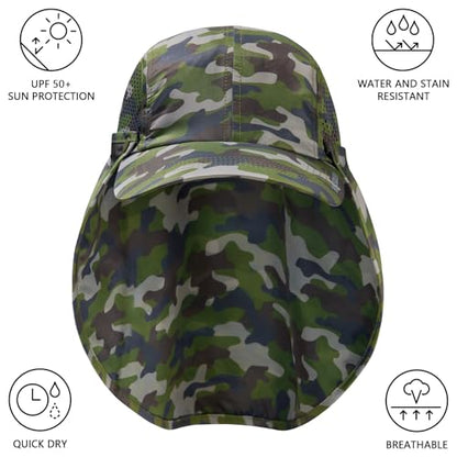 BASSDASH UPF 50+ Foldable Fishing Hat Baseball Cap with Removable Neck Flap Portable for Men Women Golf Hiking - color: Army Green Camo With Unfoldable Brim