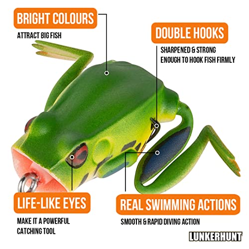 Lunkerhunt Frog Fishing Lure for Bass Fishing | Popping Frog Lure 1/4 oz | Topwater Fishing Bait with Weedless Hooks, Hollow Body, Trout Pike Lures - color: Tree Frog, size: 1.75 inch