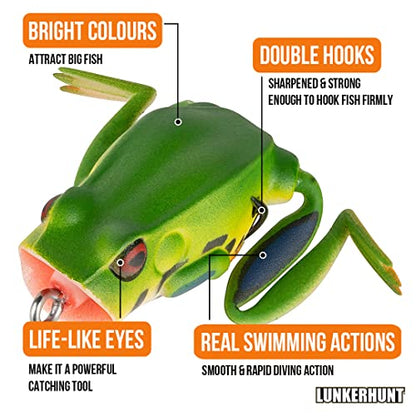 Lunkerhunt Frog Fishing Lure for Bass Fishing | Popping Frog Lure 1/4 oz | Topwater Fishing Bait with Weedless Hooks, Hollow Body, Trout Pike Lures - color: Tree Frog, size: 1.75 inch
