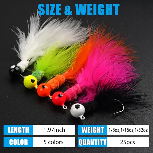 Shaddock Fishing Marabou Jig Heads Kit, 25pcs Crappie Lures Hair Jigs Round Ball Head Hooks Feather Baits for Bass Sunfish Trout Walleye Panfish 1/8oz 1/16oz 1/32oz - size: 25pcs-1/8oz