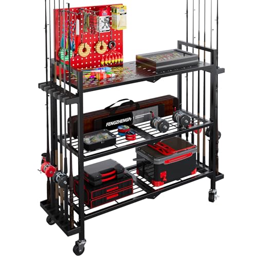 Fishing Rod Holders for Garage, Fishing Rod Stand with Wheels and Pegboard, 3-Tier Pole Storage Rack with 8 Hooks and 12 Rod Slots, Ideal for Tackle, Backpacks, and Gear Red - color: Red