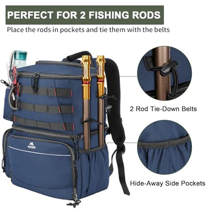 MATEIN Fishing Backpack, Water Resistant Tackle Storage Bag with Rod Holders & Cooler, Fishing Gifts for Men - color: Blue