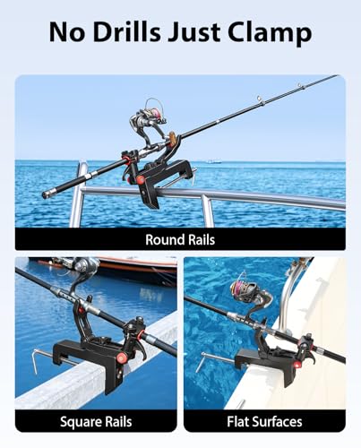 Clamp On Fishing Rod Holder for Boat Canoe Pontoon Kayak Dock | 360° Adjustable, Heavy Duty, Round & Square Rail Mount, Saltwater Safe - color: Rod Holder- 4 Pack