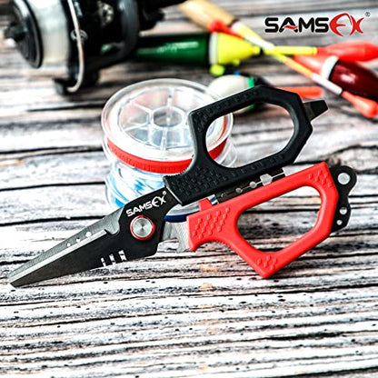 SAMSFX 6.5" Pro Fishing Shears Dual Serrated Blades, Fishing Braided Line Scissors with Titanium Coating, Non-Slip Grip & Multifunction Tool, Includes Hard Molded Locking Sheath & Coiled Lanyard - color: A: Red & Black Kraton Handle, Hard Sheath