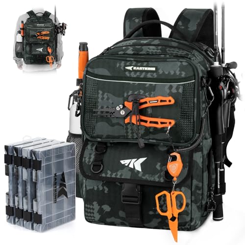 KastKing BaitSpace Fishing Tackle Backpack with Removable Bait Binder,2 Rod Holders Storage Fishing Gear and Equipment - color: B: Black Camo, size: With (4) 3600 tackle boxes