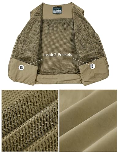Men's Lightweight Mesh Fishing Vest Utility Outdoor Multi-Pocket Hunting Cargo Vest - color: Khaki, size: Medium