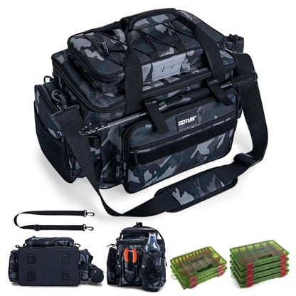 Goture Fishing Tackle Bag with 4pcs 3700 & 2pcs 3600 Tackle Boxes, 600D Water-Resistant Soft Side Saltwater Gear Storage Fishing Bag with Rod Straps, Detachable Water Bottle Pouch, Waterproof Bottom - color: C3:Camo with (4)3700&(2)3600 Tackle Boxes, size