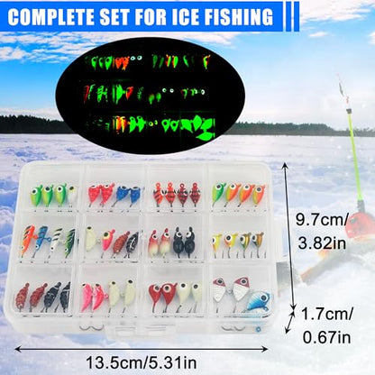 Ice Fishing Jig Kits,Luminous Ice Fishing Lures Micro Jig Head Hooks Fish Gear Tackle Accessories Winter Fishing Jigging for Crappie Pike Panfish Walleye Perch Bluegill - color: Colorful - 48pcs