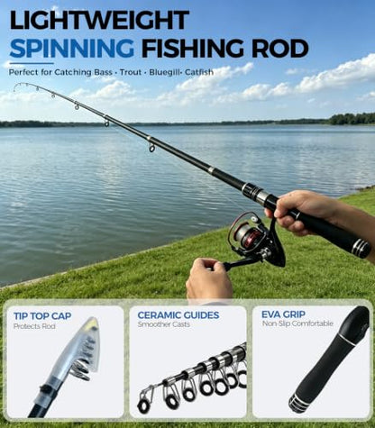 6.9ft 2Pcs Telescopic Spinning Fishing Rod Reel Combo, Portable Freshwater Fishing Pole Kit with Carrier Bag, Complete Fishing Gear