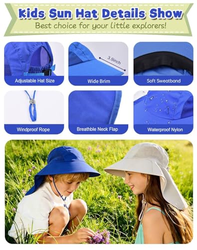 Rosoz Kids Sun Hat with Neck Flap UV Protection Summer Toddler Beach Hat Unisex Ponytail Hat Wide Brim Fishing Hat - color: Sapphire Blue +White