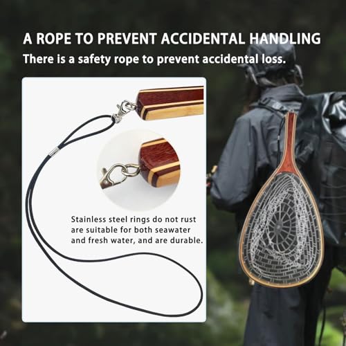 Fly Fishing Landing Net Trout Soft 23.62in Rubber Fish Net with Wooden Handle Frame Fly Fish Net