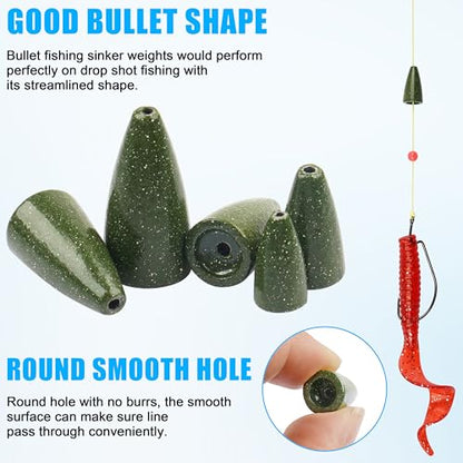Bullet Fishing Sinkers Weights, 40pcs Slip Sinkers Worm Weights Painted Sliding Fishing Weights for Bass Fishing Pitching and Flipping Texas Rigs Carolina Rig Saltwater Freshwater - size: 3/16oz-40pcs, style: Green