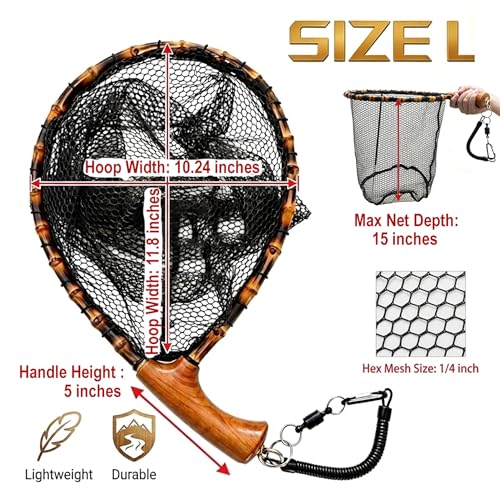 Floating Handcrafted Bamboo Fly Fishing Landing Net, Solid Wood Handle, Soft Rubber Coated Mesh for Trout, Kayak & Stream Fishing, Includes Magnetic Release & Safety Lanyard - size: Large, style: Curved Handlebar