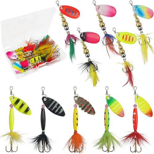 Spinner Baits Bass Lures Rooster Feather Tail Trout Lures Hard Metal Inline Spinner Bait Fishing Lure for Bass Salmon Trout - style: 10pcs Spinnerbaits Kit-b
