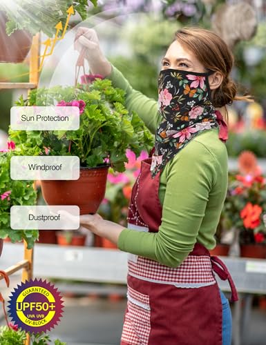 FISHEAL UV Sun Protection Face Scarf Mask, Breathable Gardening Face Cover Neck Gaiter with Ear Loops Bandana for Men Women - color: Black Flowers