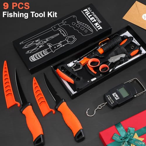 RoundFunny 9 Pcs Fishing Tool Kit, Fishing Pliers with Lanyard Sheath, Fillet Knife Kit Combo, Digital Scale, Hook Remover, Lip Gripper, Braid Scissors, Fish Gear Equipment Easter Gift Basket Men