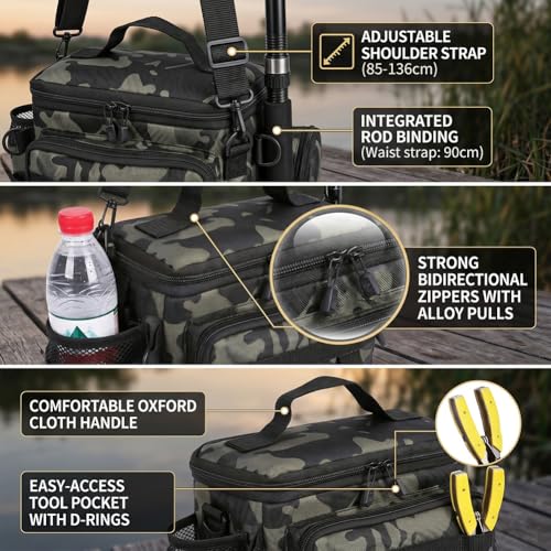 Portable Oxford Fishing Gear Bag, Water Resistant Multi-pocket Storage Backpack with Rod Holder and Adjustable Shoulder Strap for Outdoor Fishing