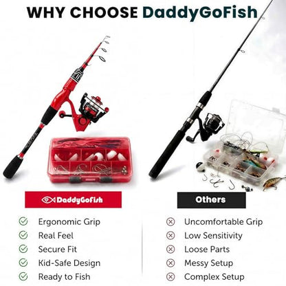 DaddyGoFish Spinning Fishing Rod and Reel Combo Set with Tackle Box | Kids Fishing Pole | Carbon Fiber Telescopic Fishing Rod Kit | Spinning Reel for Travel Saltwater Freshwater Fishing Gear Kit - color: Red