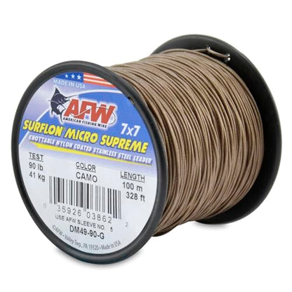American Fishing Wire Surflon Micro Supreme Nylon Coated 7x7 Stainless Steel Leader Wire - Knottable Wire Leaders for Fishing Saltwater, Fly Fishing, 13lb Test - 90lb Test, Bright, Black & Camo Colors - color: Camo, style: 100 Meter, 90 Pound Test