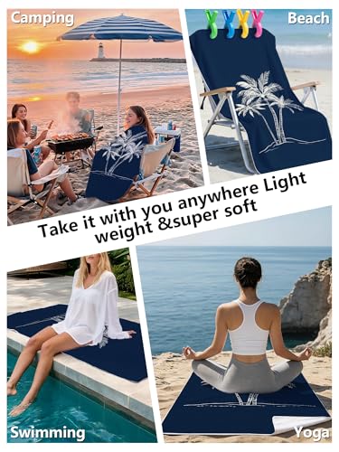Tropical Navy Blue Palm Tree Beach Towel with Clips Set - Summer Nautical Coastal Large Sand Free Towel 30x60 Inch for Beach Camping Swim Pool Gym Sports & Yoga - color: Btowels02