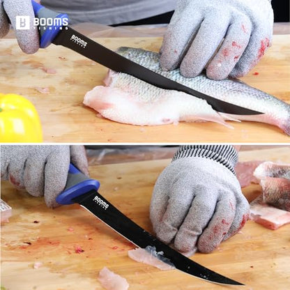 Booms Fishing Gear and Equiment: 9pcs Fishing Tool kit - 7" Fillet Knife, 9" Needle Nose Pliers, Digital Fish Scale with Gripper, Dehooker, Scissors, Towel, Retractor and 2 lanyard for Saltwater, XT05