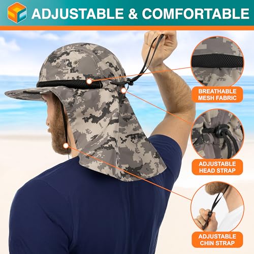 SUN CUBE UPF50+ Sun Hat for Men Women with Neck Flap, Wide Brim UV Protection Fishing Safari Hat for Hiking Beach Gardening - color: Gray Camo