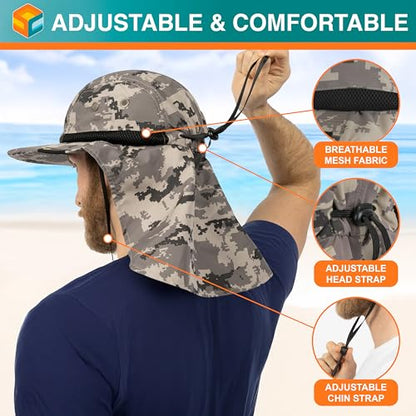 SUN CUBE UPF50+ Sun Hat for Men Women with Neck Flap, Wide Brim UV Protection Fishing Safari Hat for Hiking Beach Gardening - color: Gray Camo