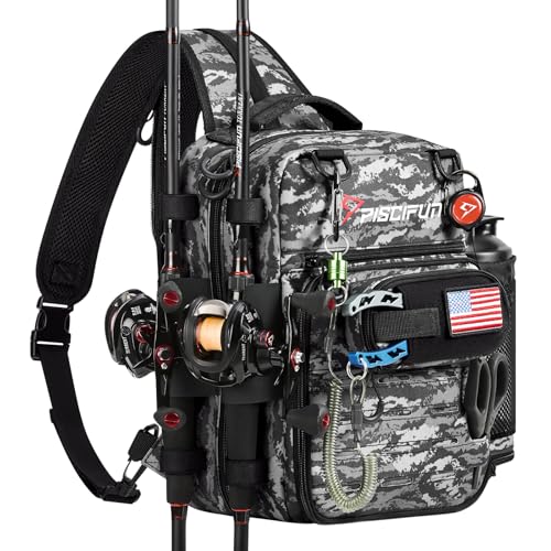 Piscifun Fishing Tackle Backpack, Convertible Sling or Waist Pack, 16-Pocket Storage Gear Bag with 2 Rod Holders & Rain Cover | 16 smart pockets, 2 rod holders, Rain cover, Breathable back support, Convertible sling/waist/backpack carry - color: Black Cam
