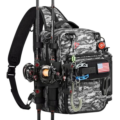 Piscifun Fishing Tackle Backpack, Convertible Sling or Waist Pack, 16-Pocket Storage Gear Bag with 2 Rod Holders & Rain Cover | 16 smart pockets, 2 rod holders, Rain cover, Breathable back support, Convertible sling/waist/backpack carry - color: Black Cam