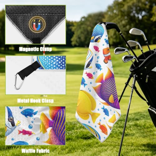 Colorful Fish Microfiber Golf Towel with Clip Magnetic for Golf Bags | Golf Essentials for Women Men Attaches to Clubs and Carts 17.7"x17.7"