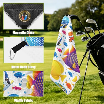 Colorful Fish Microfiber Golf Towel with Clip Magnetic for Golf Bags | Golf Essentials for Women Men Attaches to Clubs and Carts 17.7"x17.7"