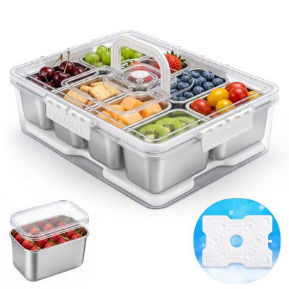 Homelove Snackle Box Container with Ice-Pack, Snack Container Divided Serving Tray with 8-Compartment Snack Platter, Lid and Handle, Food Organizer for Outdoor Travel Party Beach Picnic - color: B