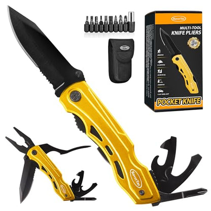 RoverTac 15-in-1 Pocket Multitool Knife - Folding Knife with Pliers, Bottle & Can Opener, Phillips Screwdriver + 9 Bits, Nylon Sheath - EDC Multi Tool for Camping, Hiking & DIY - Gifts for Men & Dad - style: Multi-Knife Pliers Golden