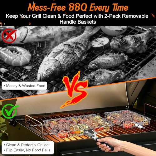 Grill Baskets for Outdoor Grill, 2PCS BBQ Grilling Basket with Removable Wooden Handle, Stainless Steel Camping Cooking Grill Accessories for Meat Fish Vegetable Seafood, Gifts for Men Dad Husband (Silver)