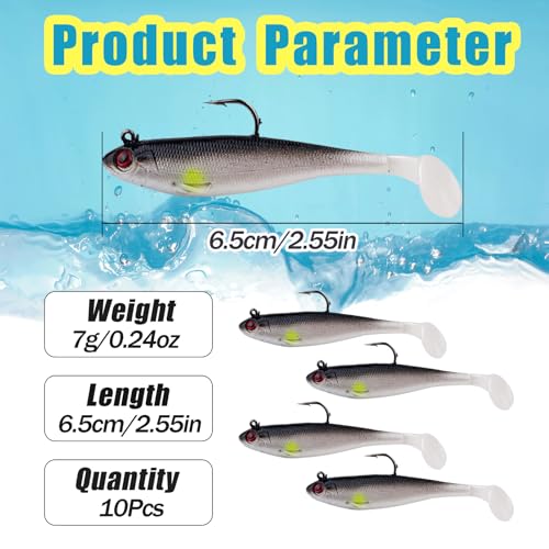 Fishing Bait Paddle Tail Swimbaits 10pcs FS/RE-13 | Soft Plastic,with Jig Heads,Bass Lures,for Freshwater Saltwater,Fishing Trout,Crappie Lures - color: Black, size: 0.21oz