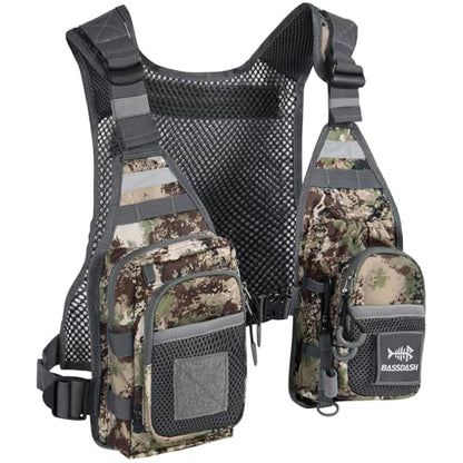 BASSDASH FV08 Ultra Lightweight Fly Fishing Vest for Men and Women Portable Chest Pack - color: Grunge Camo