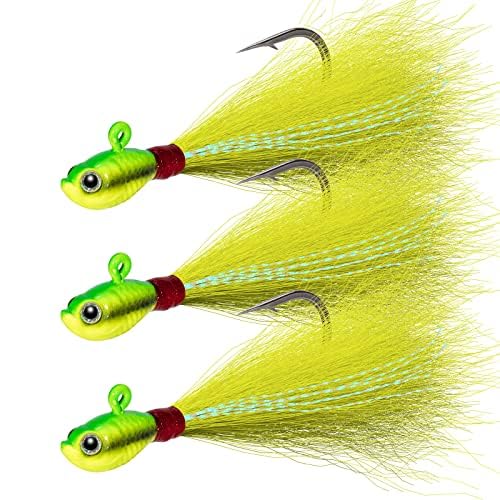 Dr.Fish 3 Pack Bucktail Jig Lure Hair Jig Saltwater Freshwater Lures Surf Fishing Bass Flounder Striper Bluefish Halibut Redfish - color: Chartreuse (Pack of 3), size: 1/4 oz