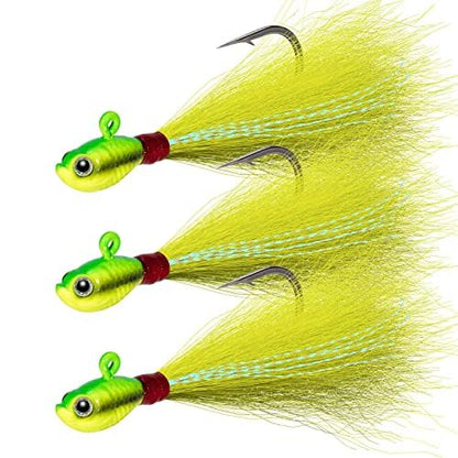 Dr.Fish 3 Pack Bucktail Jig Lure Hair Jig Saltwater Freshwater Lures Surf Fishing Bass Flounder Striper Bluefish Halibut Redfish - color: Chartreuse (Pack of 3), size: 1/4 oz